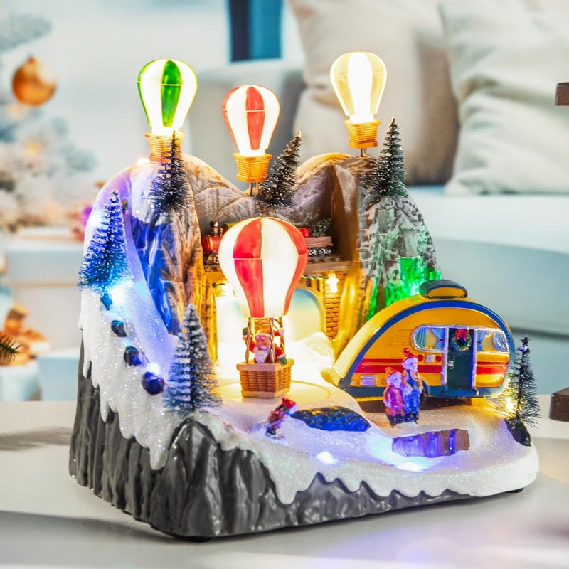 Vigdur Christmas Village Houses with LED Lights, Hot Air Balloons, Snow Mountain, 8 Christmas Music, Animation Village Indoor Tabletop Decorations for Home - Image 5